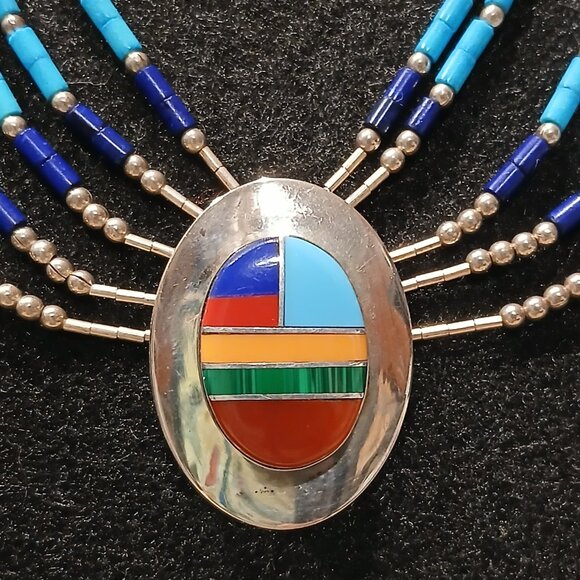 Vintage 5 Strand Liquid Silver with Multi Stone Inlaid Necklace - 16 inches - Picture 4 of 10